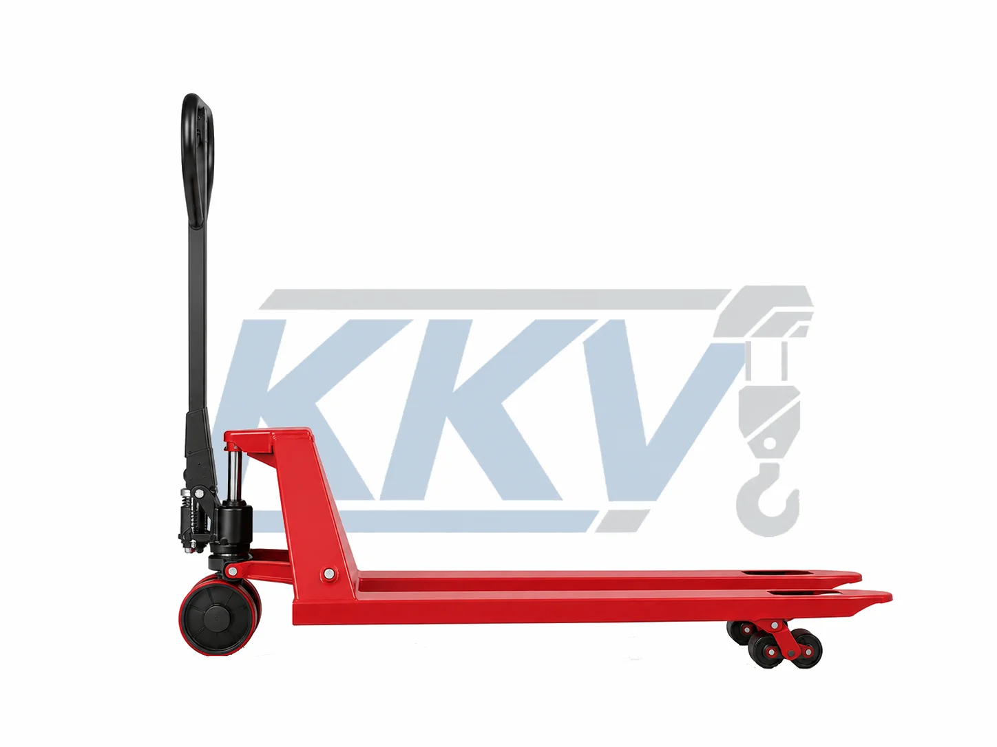 Side view of KKV ORM-HP manual hydraulic pallet truck showing fork length, lowered fork profile and steering wheels