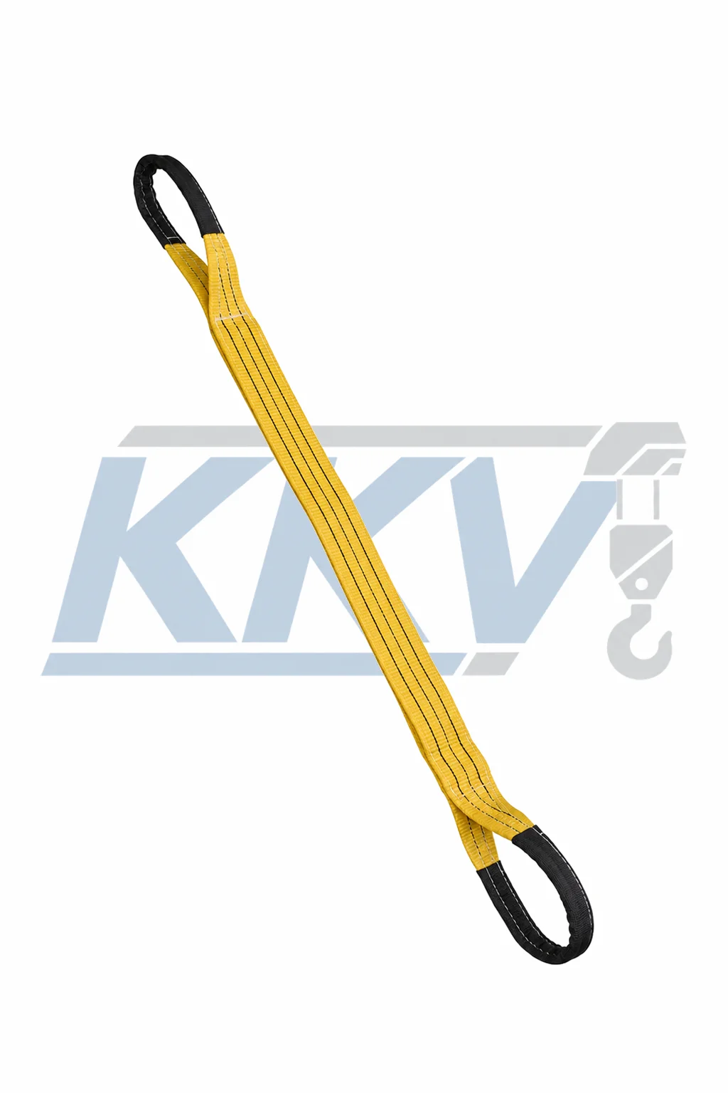 Yellow polyester flat webbing sling with reinforced eyes on a white background