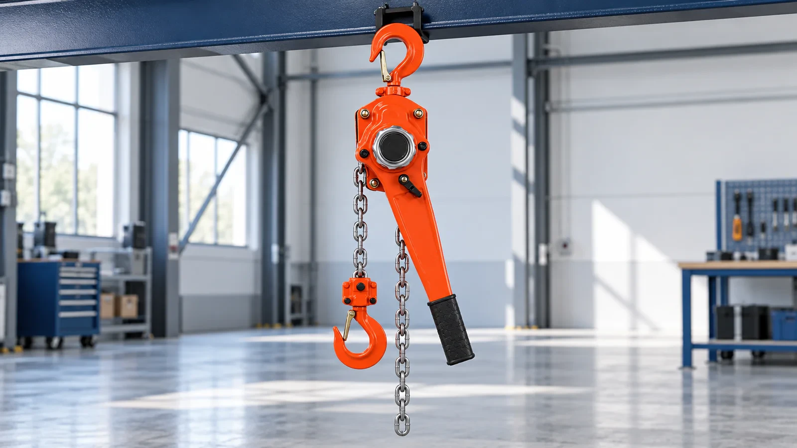 Lever hoist showing upper hook, load chain, operating handle and lower hook