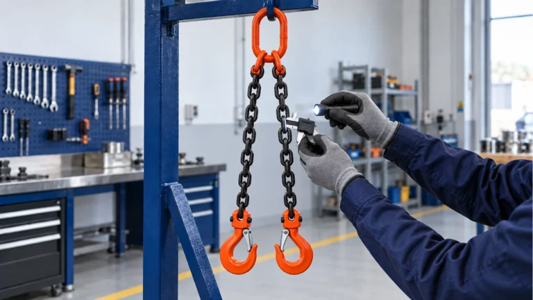 Technician inspecting a two-leg Grade 80 chain sling, master link, chain links and sling hooks