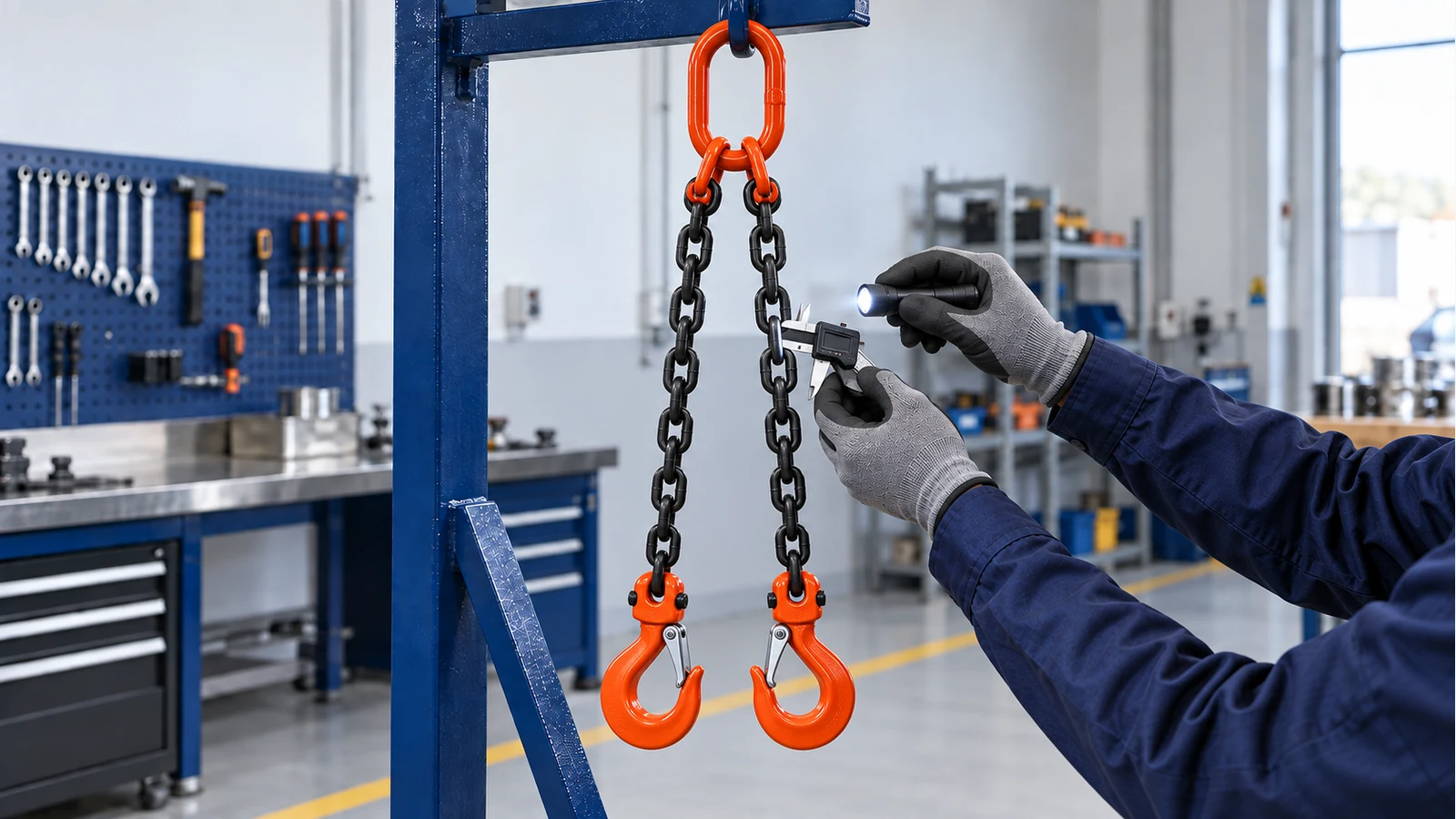 Technician inspecting a two-leg Grade 80 chain sling, master link, chain links and sling hooks