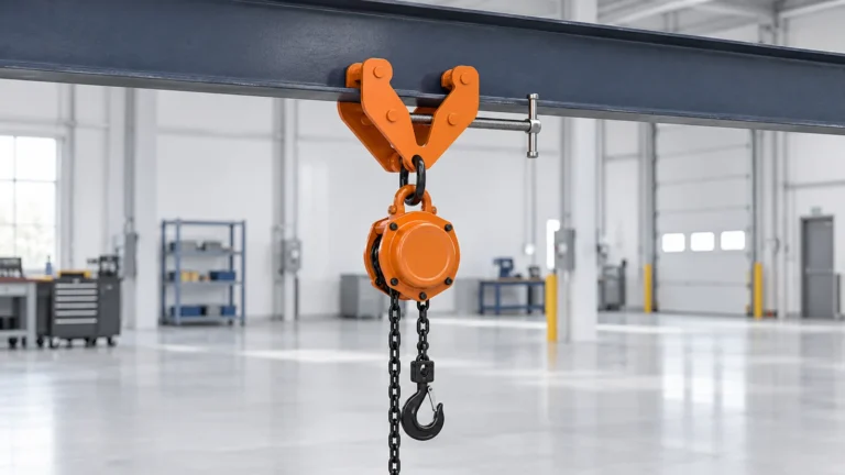 Orange adjustable beam clamp supporting a manual chain hoist from an I-beam