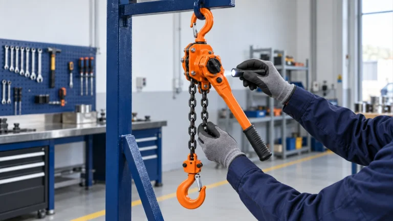 Technician inspecting an orange chain lever hoist, load chain, selector and hooks before use