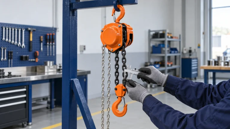 Technician inspecting the load chain and lower hook of a manual chain hoist