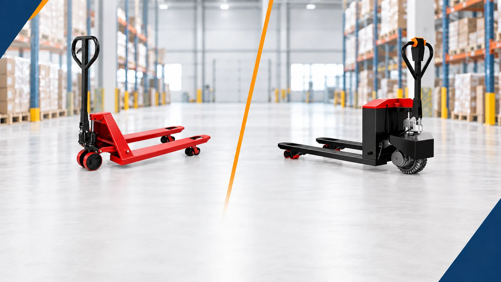 Manual pallet truck and electric pallet truck compared in a warehouse