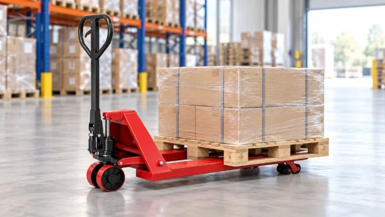 Manual hydraulic pallet truck positioned under a pallet in a warehouse