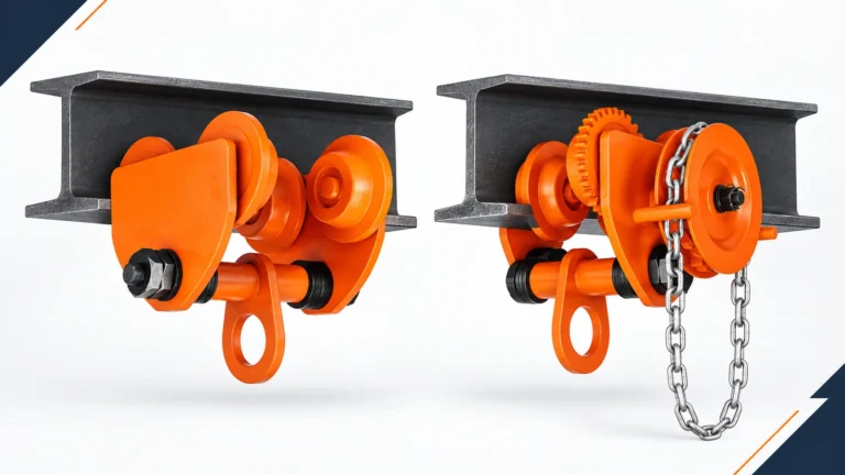 Push trolley and geared trolley mounted on beams for side-by-side selection