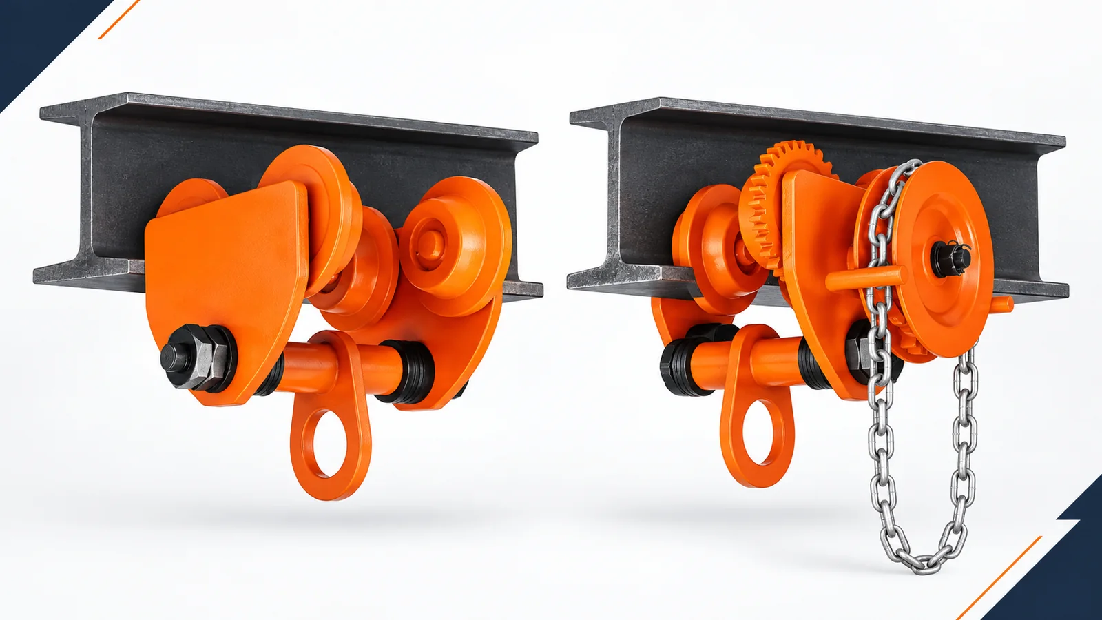 Push trolley and geared trolley mounted on beams for side-by-side selection