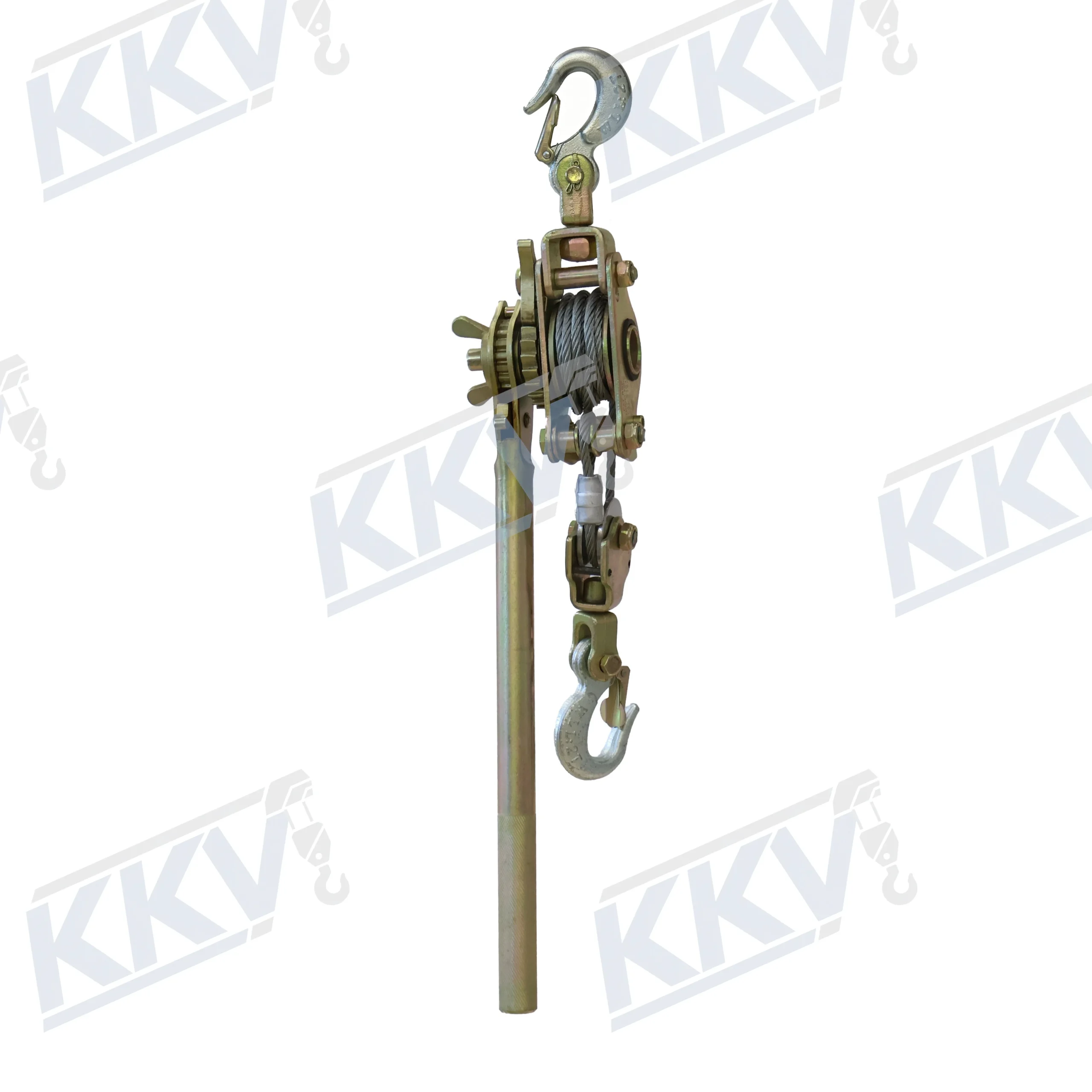 KKV JHW ratchet hand puller showing its wire-rope spool, metal operating lever and two latch hooks