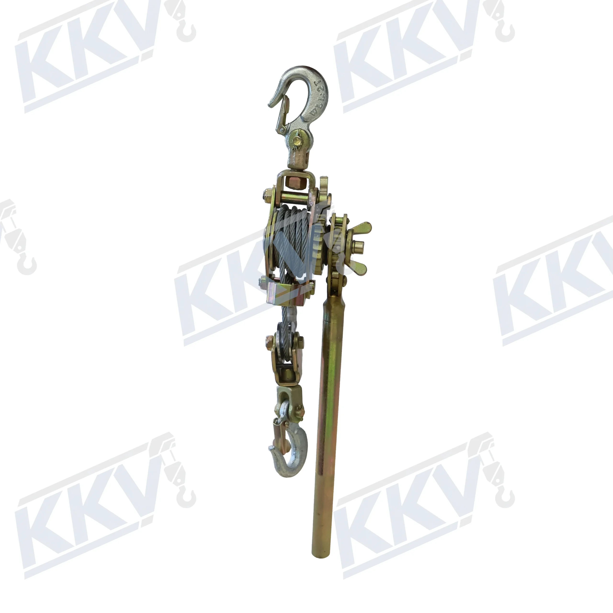 Side view of the KKV JHW hand puller showing the wound wire rope, ratchet components, handle and lower hook block