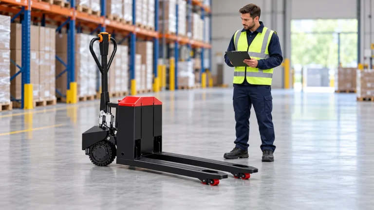 Warehouse worker visually observing an unloaded electric pallet truck with a clipboard