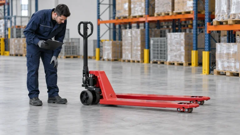 Technician visually checking an unloaded manual hydraulic pallet truck in a warehouse