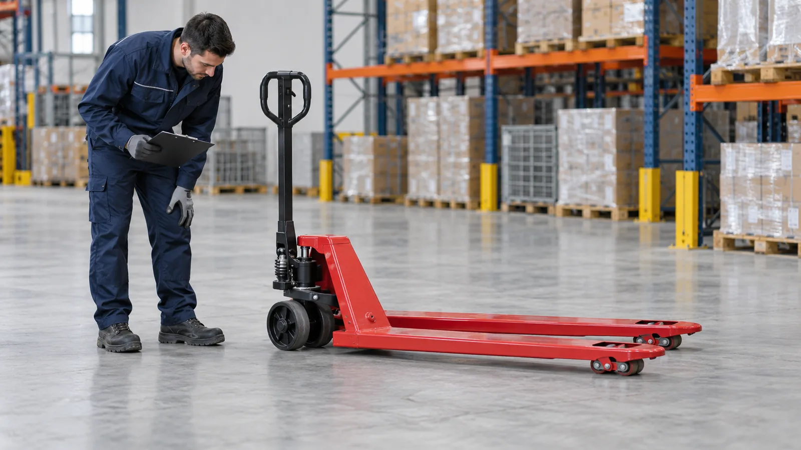 Technician visually checking an unloaded manual hydraulic pallet truck in a warehouse