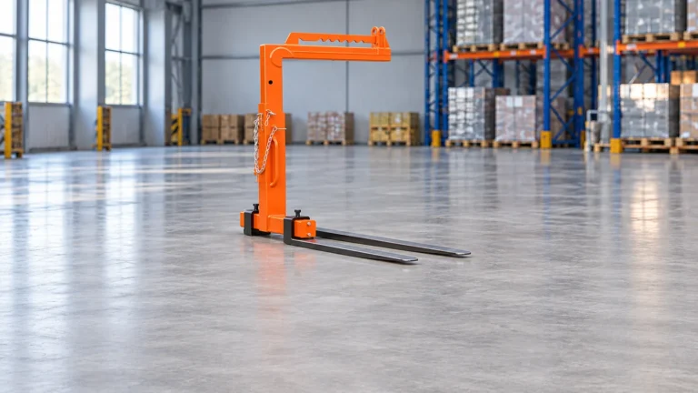 Unloaded orange crane pallet fork with two steel tines on a warehouse floor