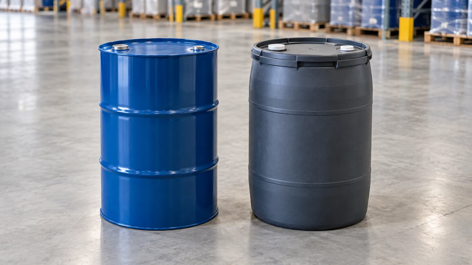 Blue steel drum and grey plastic drum standing upright on a warehouse floor