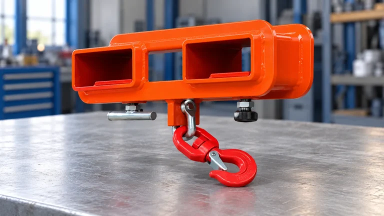Orange twin-pocket forklift lifting hook attachment with a red latch hook on a workshop bench