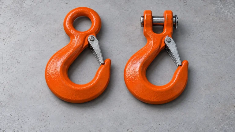 Orange eye and clevis sling hooks with silver retention latches on a grey tabletop - Caption