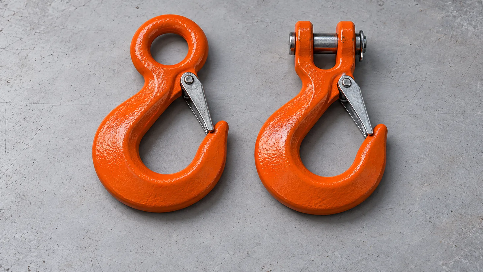 Orange eye and clevis sling hooks with silver retention latches on a grey tabletop - Caption