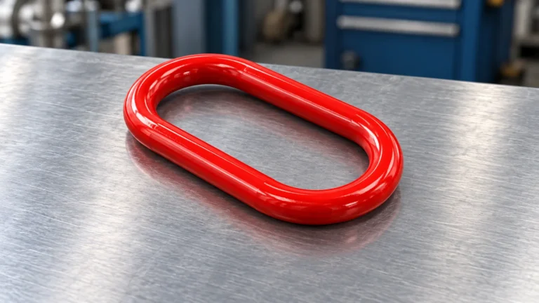 Red oblong lifting master link lying flat on a steel workshop bench