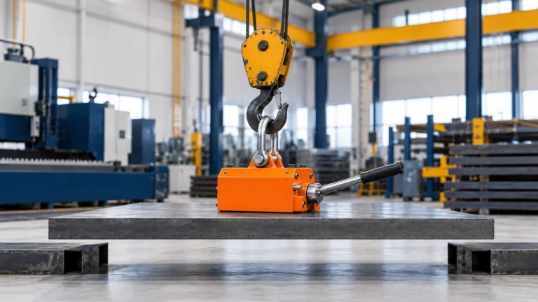 Permanent magnetic lifter making full contact with a flat steel plate during a controlled low test lift