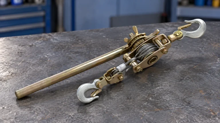 Unloaded ratchet wire-rope hand puller with metal lever and two hooks on a workshop bench