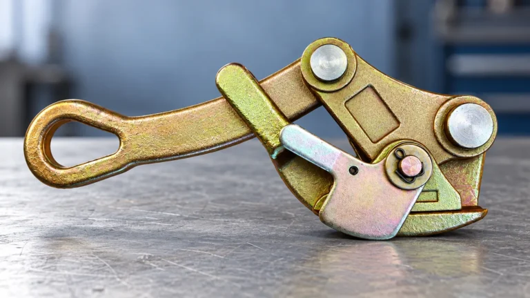 Gold-toned wire rope pulling grip with a closed eye and pivoting jaw on a workshop bench