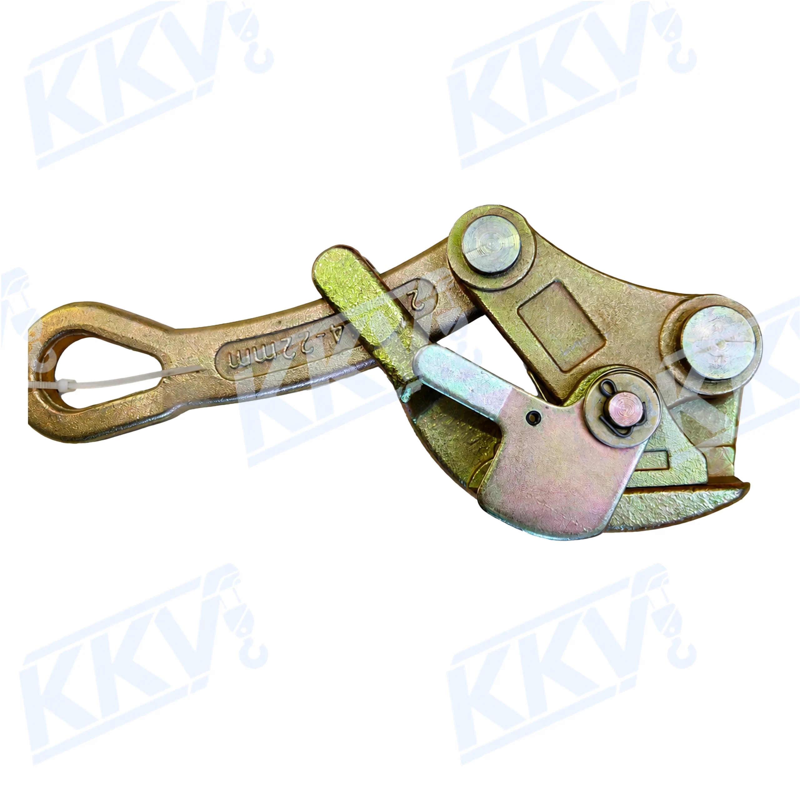Gold-toned KKV JX wire rope grip with closed pulling eye, pivot links and gripping jaw