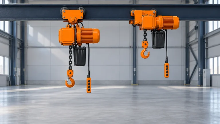 Low-headroom electric chain hoist and standard trolley hoist compared below identical I-beams