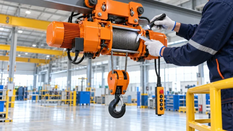Technician inspecting the wire rope, drum and hook block of an electric wire rope hoist